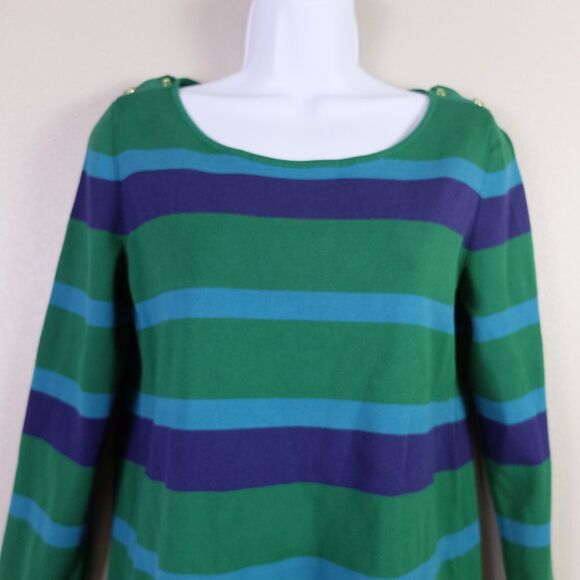 Banana Republic Green and Blue Striped Shoulder Button Sweater Blouse Size M - Picture 2 of 6